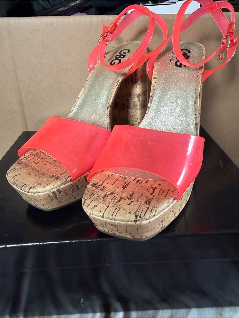 G by Guess Neon Coral Patent Cork Wedge Sandals